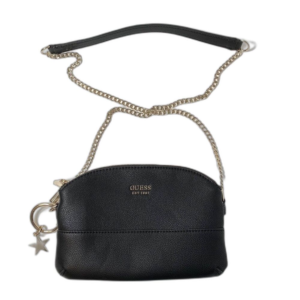 GUESS Black Faux Leather Lila Mini Double Zip Chain Crossbody Purse Star Charm